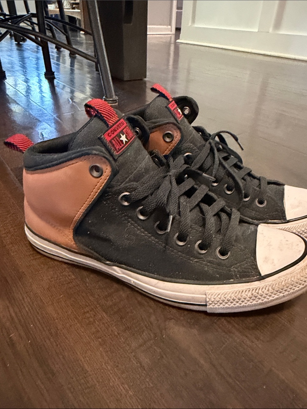 Converse Men’s Black and Tan High-Top Sneakers with Red Tabs